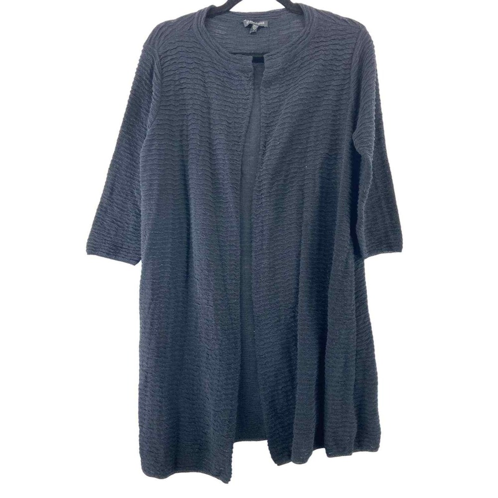 Eileen Fisher Sz Small Black Short Sleeve Cardigan Sweater Textured Cotton Linen